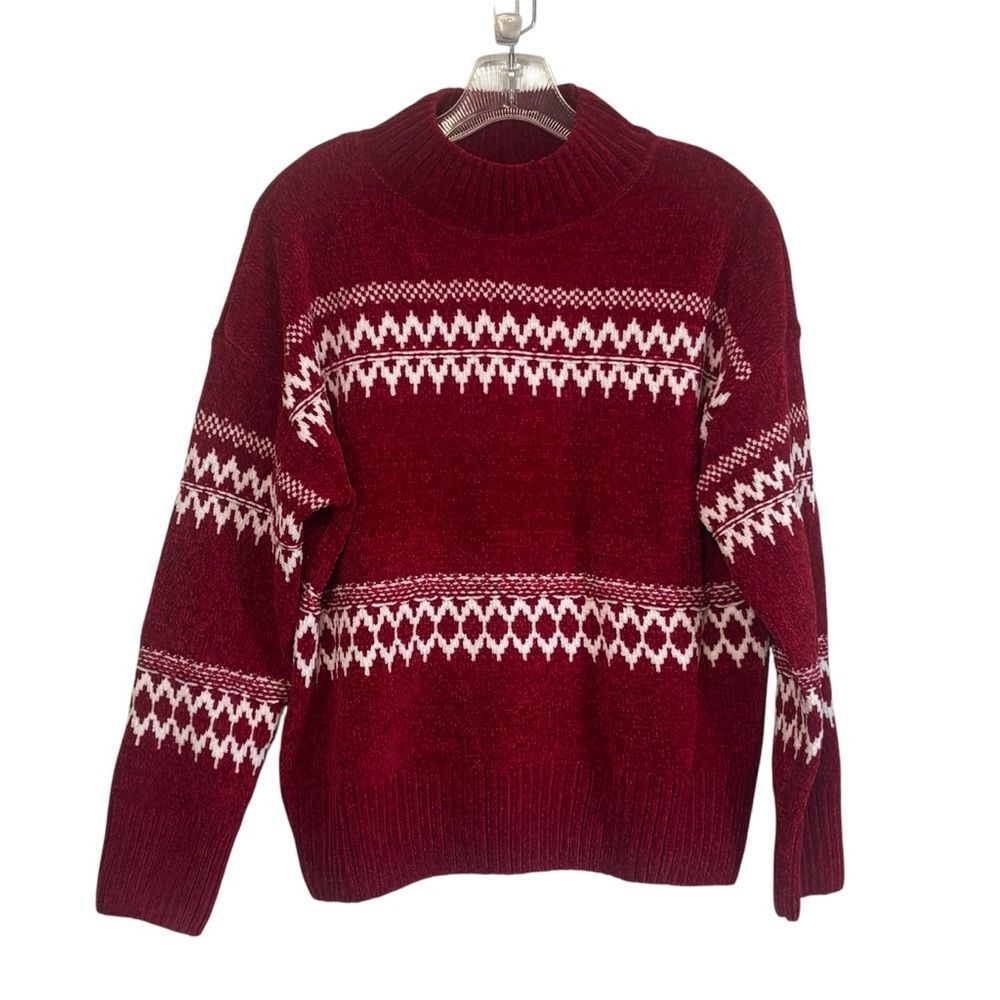 Christian Siriano Chenille Red White Fair Isle Sweater MEDIUM
